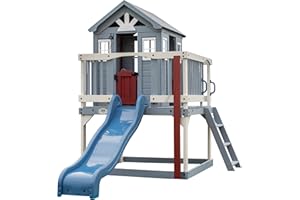 Backyard Discovery Beacon Heights 100% Cedar Wood Elevated Playhouse | Outdoor Garden Structure for Kids | Compact Design for Small Areas | 1.8m Wave Slide | Toy Kitchen, Bell and Growth Chart