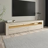 Batı LED Işıklı 2 Kapaklı TV Sehpası &ndash; 150 cm &ndash; Minimal Tasarım, Traverten Desen