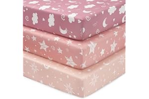 FIEMOL Baby Spannbettlaken 70x140 cm Kinderbett Spannbetttuch, 3er-Pack Mikrofaser Bettlaken Für Babybett, Ultrasanft & Seidigglatt Kinderbettlaken Rosa Sterne Mond