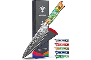 SANMUZUO Couteau Tout Usage Professionnel - Lame 13 cm en VG-10 67 Couches Damas Acier - Poignée en Résine Orange Fantastique - Série Xuan