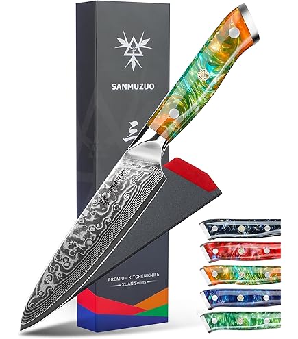 Coltello Santoku Giapponese Yamomoto, Lama Damasco 18 Cm, Manico In Pakkawood, In Scatola Regalo Magnetica