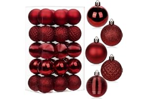 ‎HOLLYONE 5CM Weihnachtskugeln Ornamente Glitze, 30 PCS bruchsicher Weihnachten Kugeln, Kunststoff Weihnachten Kugeln, Hängen Christbaumkugel Dunkelrot fur Weihnachtsbaum Neujahr Ornamente
