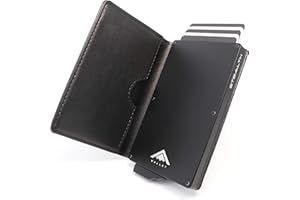 Stealth Wallet Porte Carte Bancaire RFID pour Homme - Porte-Cartes De Crédit avec Mécanisme Pop Up et Boîte Cadeau - Portefeuilles de Crédit Aluminium Minces (Aluminium Noir, Cuir Noir)