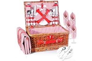 SenDeluz Cesta de Picnic para 4 Personas,Cesta de Mimbre Hecha a Mano con Manta de Picnic y 4 Juegos de Vajilla para Picnic Camping al Aire Libre