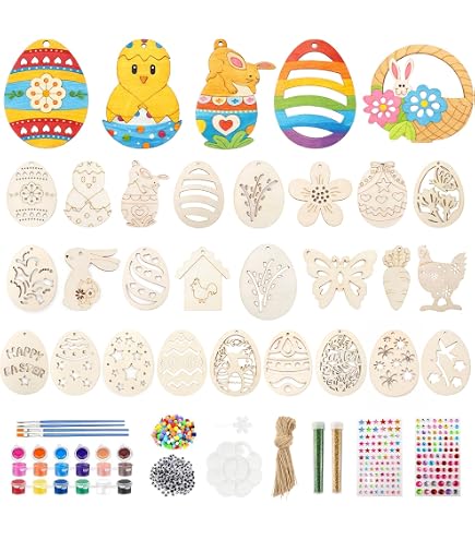 Komicea Set Per Dipingere Uova Di Pasqua 50 Pezzi In Legno - Kit Creativo Fai Da Te Con Pennelli, Colori E Corda, Decorazioni Pasquali Da Appendere Per Bambini E Adulti