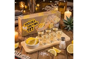 Mijoma Set de 9 pièces pour tequila, planche à tequila, 6 tasses, 1 salière, 1 bol en faïence, plateau de service en bois, support pour verres