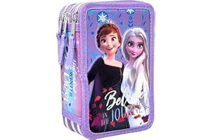 Clondo 3D Mädchen Federmäppchen 3-Fach – 44-teilig gefüllt – für Die Eiskönigin Frozen Fan – mit Filzstiften, Buntstiften, Lineal – Lila – Schulmäppchen & Geschenk für Kinder
