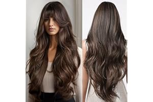 Allbell Braune Perücke Damen Lange Wellige Haar Perücke mit Pony Natürliche Synthetische Perücke