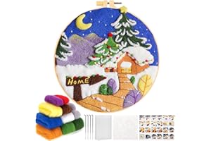 JSRQT Christmas Needle Felting Kit for Beginners, Needle Felting Painting Kit with Christmas Tree Pattern, Wool Felting Embroidery Tool Including Colorful Wool Roving for Craft Lover Home Decoration