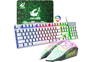 ZIYOU LANG T13 Pro RGB Teclado y Ratón Gaming Wired, [ES Layout ] 104 Teclas QWERTY, Teclado Mecanico Sentir Gamer, Alfombrilla de Ratón, Raton de 2400 dpi, Cable USB para Windows Mac PC PS4 Xbox - Blanco