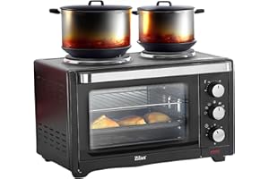 ZILAN Mini forno con piano cottura, 28 litri, spiedino elettrico, piastre di cottura integrate, forno per pizza, mini forno, forno 3 in 1, piastra per briciole, calore superiore e inferiore, risparmio