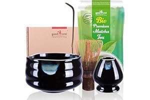 Goodwei Set di Matcha Completo - Tazza Cerimoniale con frusta e cucchiaio - incl. Tè Matcha Biologico Giapponese (Kuro Black), Ceramica, 430 ml