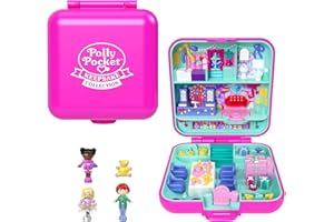 Polly Pocket Mattel 80th Anniversary Heritage Compact Playset, House Compact with 3 Dolls, and 1 Pet and Fashion Skirt, Furniture with Celebration Theme, JGK22