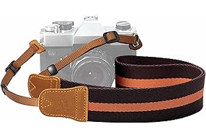 Padwa Lifestyle Brown Yellow Stripes Camera Strap - Double Layer Crazy Horse Cowhide End,1.5" Wide Pure Cotton Camera Straps,Adjustable Neck Shoulder Strap for All DSLR Cameras,Gift for Photographers