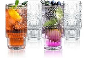 Joeyan 340ml Verre à Eau Empilable - Lot de 4 Tasses en Verre Vintage - Gobelets à Eau en Verre pour jus, Lait, café, Eau et Cocktail