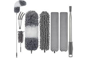 FUUNSOO Feather Dusters for Cleaning - Extendable Duster with Telescoping Extension Pole 30 to 100 Inches, Microfiber Dusters for Cleaning Cobweb, High Ceiling Fan, Lights, Blinds, etc