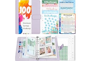 TAOPE Segregator A5, segregator ze skóry PU, do wielokrotnego ładowania, segregator A5, na 100 kopert Saving Challenge, fioletowy notatnik z przezroczystymi kopertami i kieszeniami