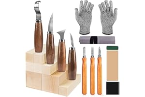 FUNTOOLDE Wood Carving Tools Kit, 20 in 1 Wood Whittling Kits, with 8 Basswood Carving Blocks, 7 Whittling Tools, Gloves, Green Wax and Leather, Roll Canvas Bag, Wood Carving Set for Adult Beginners