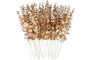 FEQO 36 Pcs Eucalyptus Stems Artificial Eucalyptus Leaves 15 Inch Faux Eucalyptuses Branches for Wedding Bouquet Home Decor, Gold