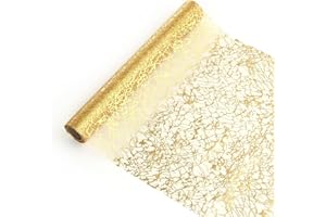 LEMESO Caminos de Mesa Mantel para Boda 5M de Largo Decorado con Malla Dorado Mantel de Organza Decorativos para Fiestas Comunion Decoración de Mesa de Navidad Rollo Translúcido -28cm x 5m/Rollo