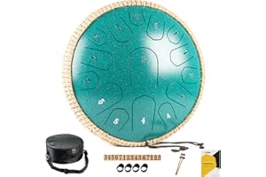MeloBeat Steel Tongue Drum Handpan - Tamburo in Acciaio 13 Pollici 15 Note - Set Professionale di Tamburi a Lingua in D Maggiore Incluso Libro delle Canzoni per Tamburo a Lingua con Custodia (Verde)