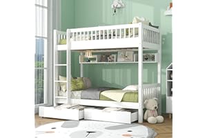 Jtyca Wooden Bunk Beds for Kids & Children, 3FT Solid Pine Wood Single Bed Frame & Under Bed Slide Drawer Storage, Cabin Bed with Ladder, Guard Rail and Shelf, White-90x190 CM (Without Mattress)