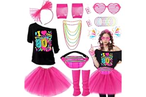 GLIROP 80s Fancy Dress Accessories for Women, Including T-Shirt Tutu Skirt Bumbag Leg Warmers Gloves Glasses Headband Earrings Necklace Bracelets 1980s Costume Outfits for Ladies Girls Hen Party