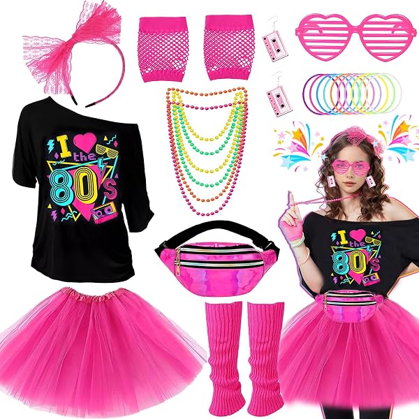 80er Jahre Kostüm Set Für Damen – Inkl. Shirt, Tutu-Rock, Headband, Ohrringen, Bauchtasche & Mehr – Retro Neon Party Outfit Für Faschingskostüme Und Mottopartys
