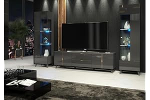 Furneo Azzurro 10/12G – Grey Living Room Set with TV Stand & Display Cabinets, High Gloss & Matt Finish, Blue LED Lights