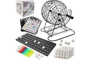 UVVRUR Bingo Spiel Set, Metalltrommel, 18 Tickets, 75 Kugeln, 150 Chips, Spielbrett, 500 Karten, schwarz (A)