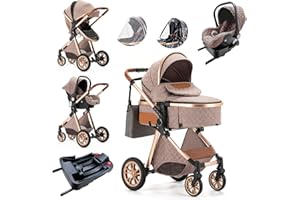 Lnhcrbs Kinderwagen 3 in 1,Kinderwagen Buggy Schlafkorb ist Faltbar,Kinderwagen Set mit Autositz, Mumie Rucksack Regen Abdeckung Mit Moskitonetz, 0-3 Jahre