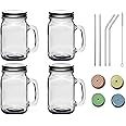 SAVE™ Mason Jars & Stainless Steel Straw Set, Extra Lids with Hole | Airtight Lid | Transparent Glass | 450 ml | Handle Mason Jar (Plain)