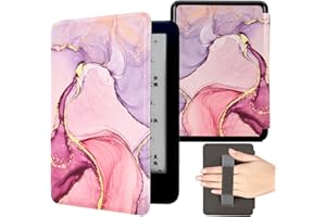 KEROM Case for 6" Kindle Paperwhite 2012-2017 (5th/6th/7th Generation, Model: EY21/DP75SDI), PU Leather Cute Cover Protective Case with Hand Strap, Card Slot, and Auto Sleep/Wake - Pink Marble