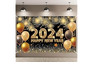 JGLAPI New Years Eve Decorations 2024, Extra Large Happy New Year Banner with String, 180x110CM Happy New Year Decorations 2024 Banner Black Gold Fireworks New Year Backdrop for Party Decorations Christmas