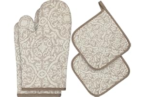 Weave Essentials Oven Gloves & Pot Holders 4pc Set - 100% Cotton Heat Resistant up to 250 Degree Oven Mitts Pair with Hanging Loop, Premium Quality Non-Slip Oven Mitt & Pot Holder for Kitchen | Beige