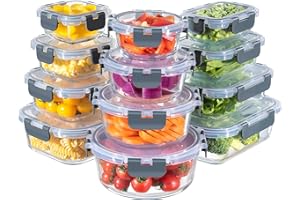 MFY 12-Pack Glass Containers with Lids, Reusable Meal Prep Containers, Leak-Proof, Airtight Glass Food Storage Containers with Lids, Safe for Microwave, Oven, Freezer, and Dishwasher Gray