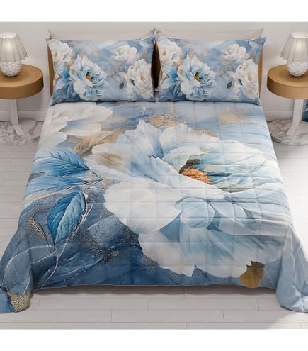 Odot Trapuntino Copriletto Matrimoniale Primaverile-Estivo, Trapuntato Copriletto Mezza Stagione con 2 Federe per Letto Singolo, Matrimoniale e Letto Una Piazza e Mezza (230*250+50*70cm,Campo blu