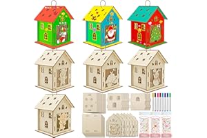 Lets Joy Maison de Noël Crafts en Bois, 7 Pièces Loisirs Créatifs d'Noël et d'hiver pour Enfants, Bricolage Noel en Bois, DIY Noël Déco avec Crayons Autocollants, Cadeaux de Fête Enfants