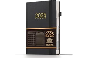 TDOLISSTE - Kalendarz 2025, terminarz A5, kalendarz książkowy, 365-stronny plan dzienny i 24-stronny plan miesięczny, wielojęzyczny, szlufka na długopis i kieszeń wewnętrzna, wydanie w twardej oprawie