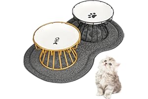 bssmmai 2 sztuki misek dla kotów, płaskie, ceramiczne, podwyższone, z metalowym stojakiem i matą antypoślizgową, miska na karmę, podwyższona miska dla kota, stojak na miski dla kotów (wzór rybiej ości