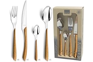 AMEFA - Ménagère 24 couverts de table pour 6 personnes - Eclat Nature - Acier inoxydable 18/0, Finition Brillante - Bois Clair