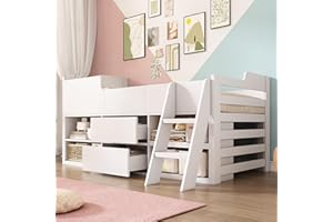 Merax Kids Single Bed with 2 Drawers and Shelves, 3FT Kids Wooden Bed with Storage, Single Bed with Slatted Frame, Mid Sleeper Cabin Bed for Children, White, 90x190 cm (No Mattress)
