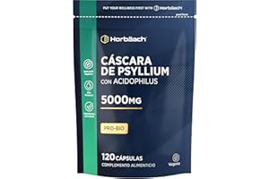 HORBÄACH Psyllium Cápsulas 5000mg con Acidophilus | Cáscara de Psilio | Flora Intestinal & ProBio | 120 Cápsulas Veganas | Horbaach