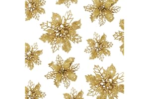 GWHOLE 21 Pezzi Fiori per Albero di Natale Artificiale Glitter Fiore Poinsettia Artificiale di Natale Ornamenti per Albero di Natale Fiore Artificiale Oro, 9/11/16CM