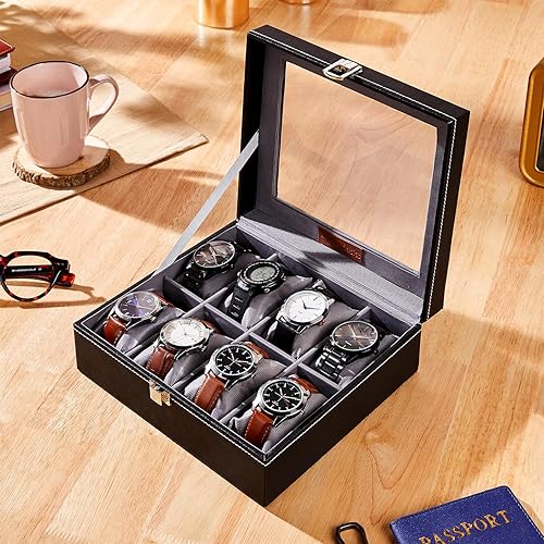 Amazon Basics Unisex Faux Leather Watch Organiser Box with 8 Slots | Watch Organiser with Transparent Lid (Black)