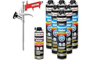Isolbau B2 Dämmstoffkleber SET - 6 x 750 ml Perimeterkleber, 1 x PU-Schaum-Reiniger & 1x Schaumpistole für EPS & XPS-Platten - 1K PU-Klebeschaum für Fixieren und Isolieren
