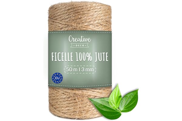 Creative Deco 50m Ficelle Jute | Épaisseur 3mm | Jardinage | Deco Mariage Champetre | Bricolage | Attache Tomate | Corde Jute | Cordelette | Naturelle | Ballon
