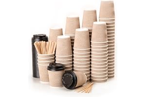 CUPCUP 110 Kraft Ondulation Double Paroi Gobelets Carton pour Café à Emporter - Tasse 240ml avec Couvercles et Agitateurs en Bois pour Servir Le Café, Le Thé, des Boissons Chaudes et Froides