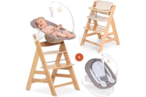 hauck Alpha+ Newborn Set Deluxe - Baby Holz Hochstuhl ab Geburt mit Liegefunktion - inkl. Aufsatz für Neugeborene & Sitzpolster - mitwachsend, verstellbar - Natur