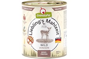 GranataPet Liebling's Mahlzeit Wild Pur, 6 x 800 g, Comida húmeda para Perros, Comida para Perros sin Cereales ni azúcares, pienso Completo con Alto Porcentaje de Carne y aceites